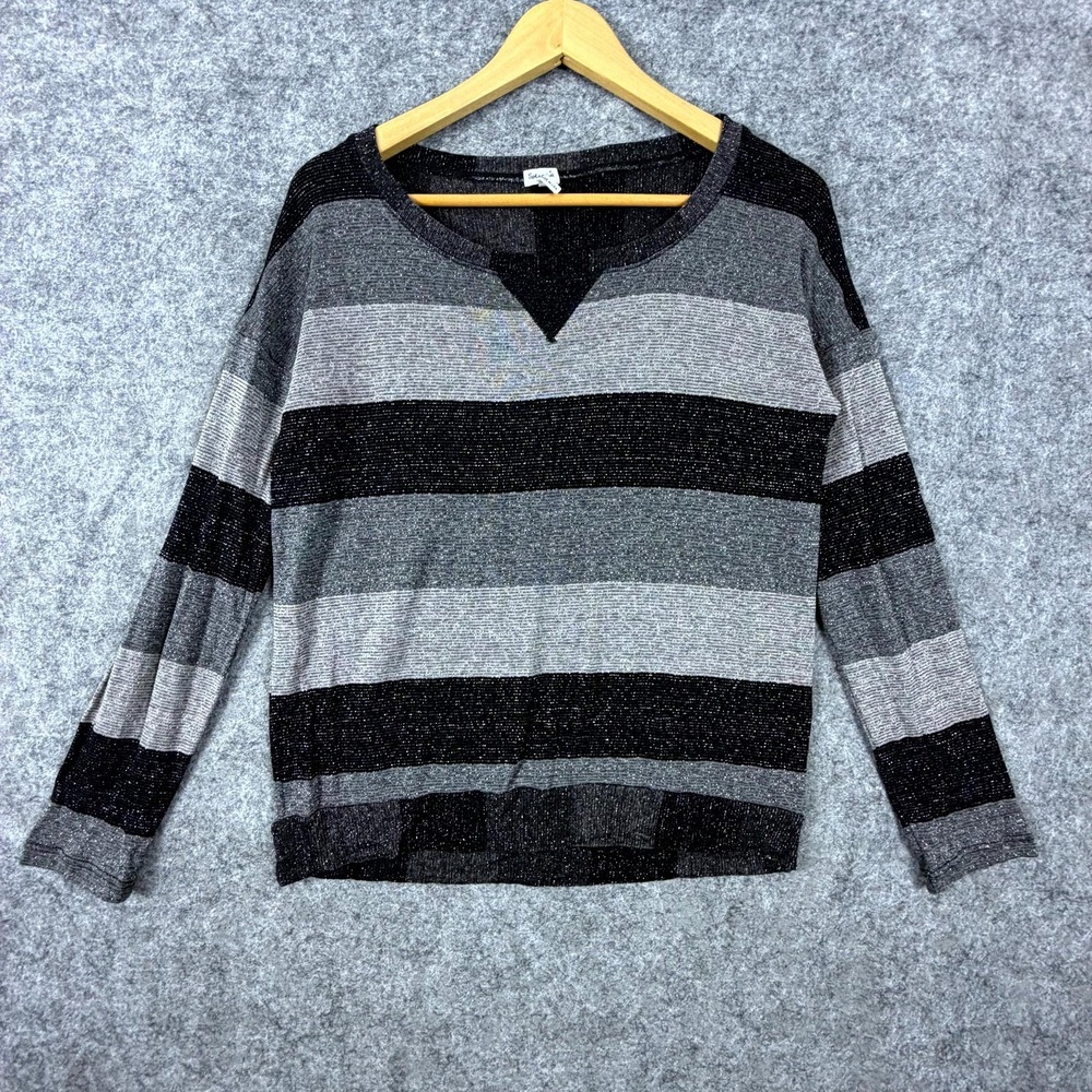 Splendid Knit Top Womens Large Black Grey Striped Metallic Round Neck Pullover